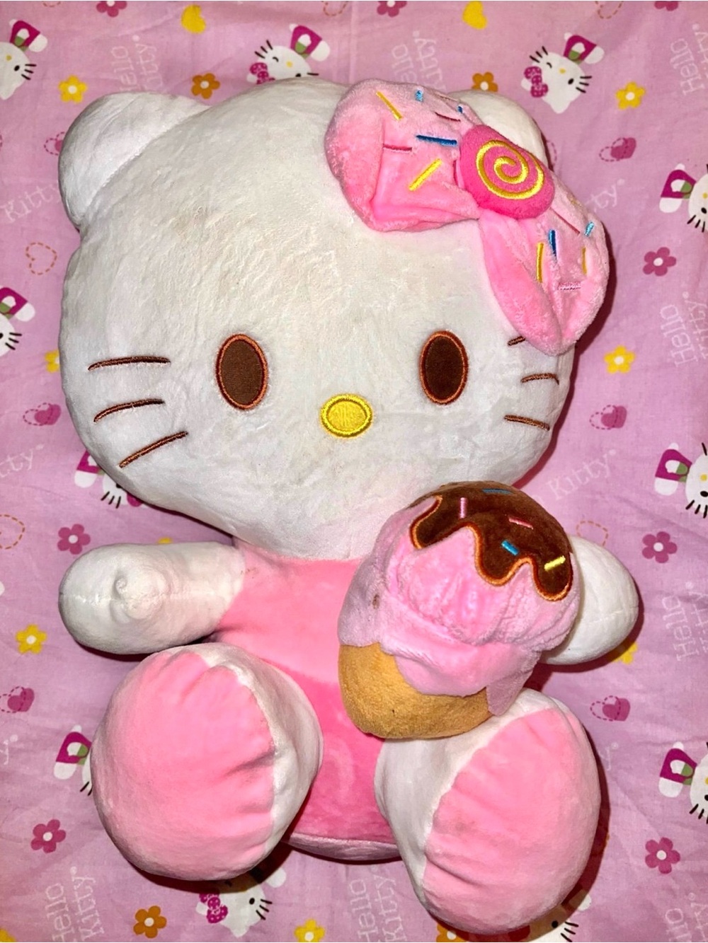 Hello Kitty Sweet Treats Ice Cream Plush Pink Sprinkle Bow Soft Plush Toy 15”